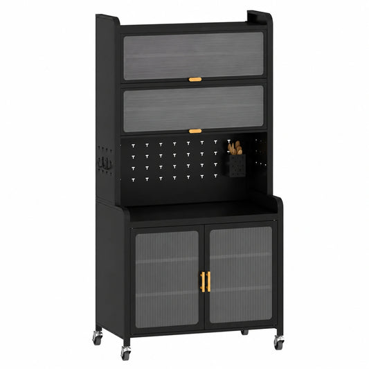 Armoire, en métal, réglable, avec étagères, sur roulettes, coloris noir, pour la chambre