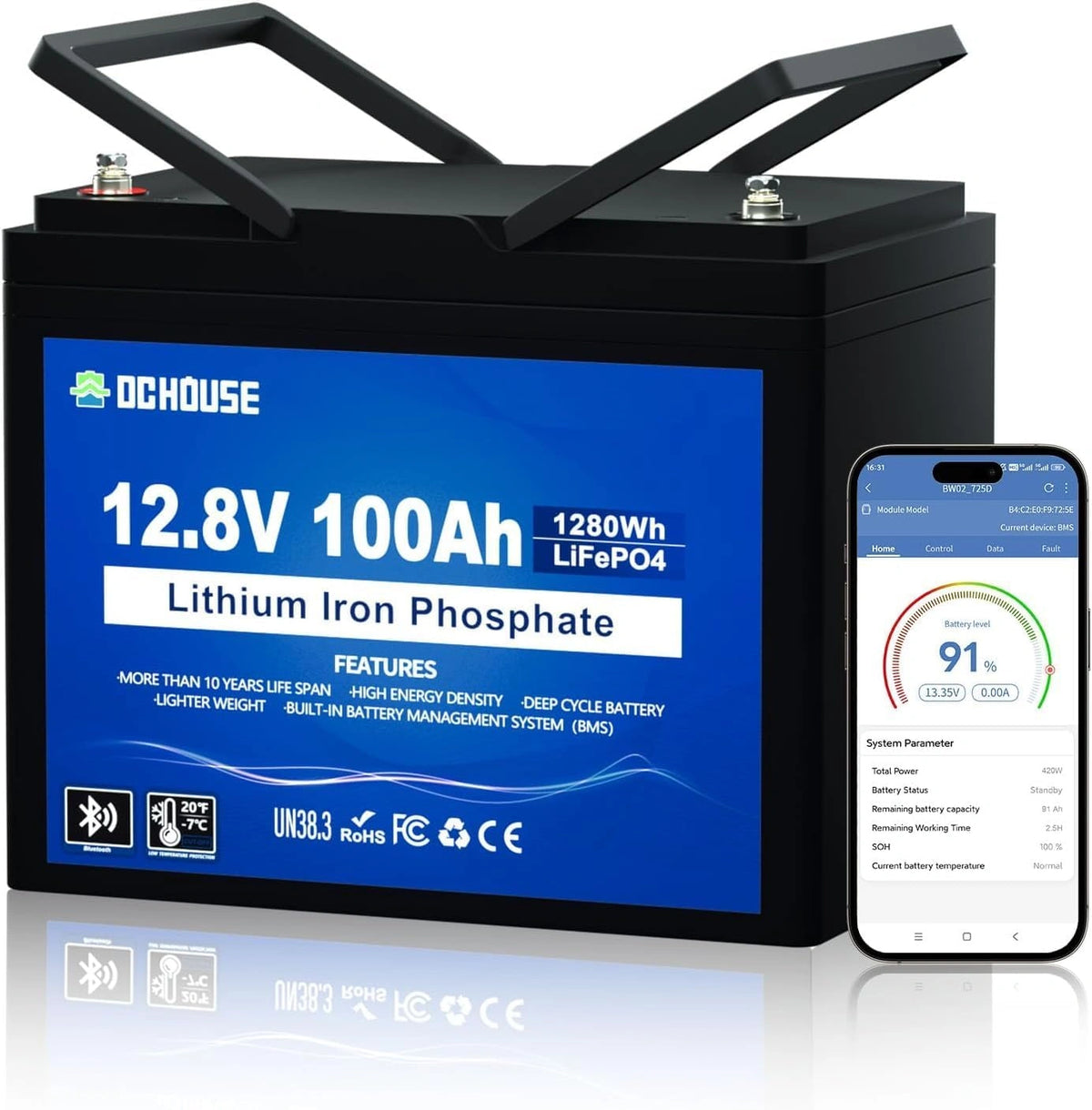 DCHOUSE, Batterie, 100A, 12V, Bluetooth